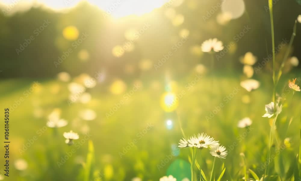 A fresh spring sunny garden background of green grass and blurred foliage bokeh
