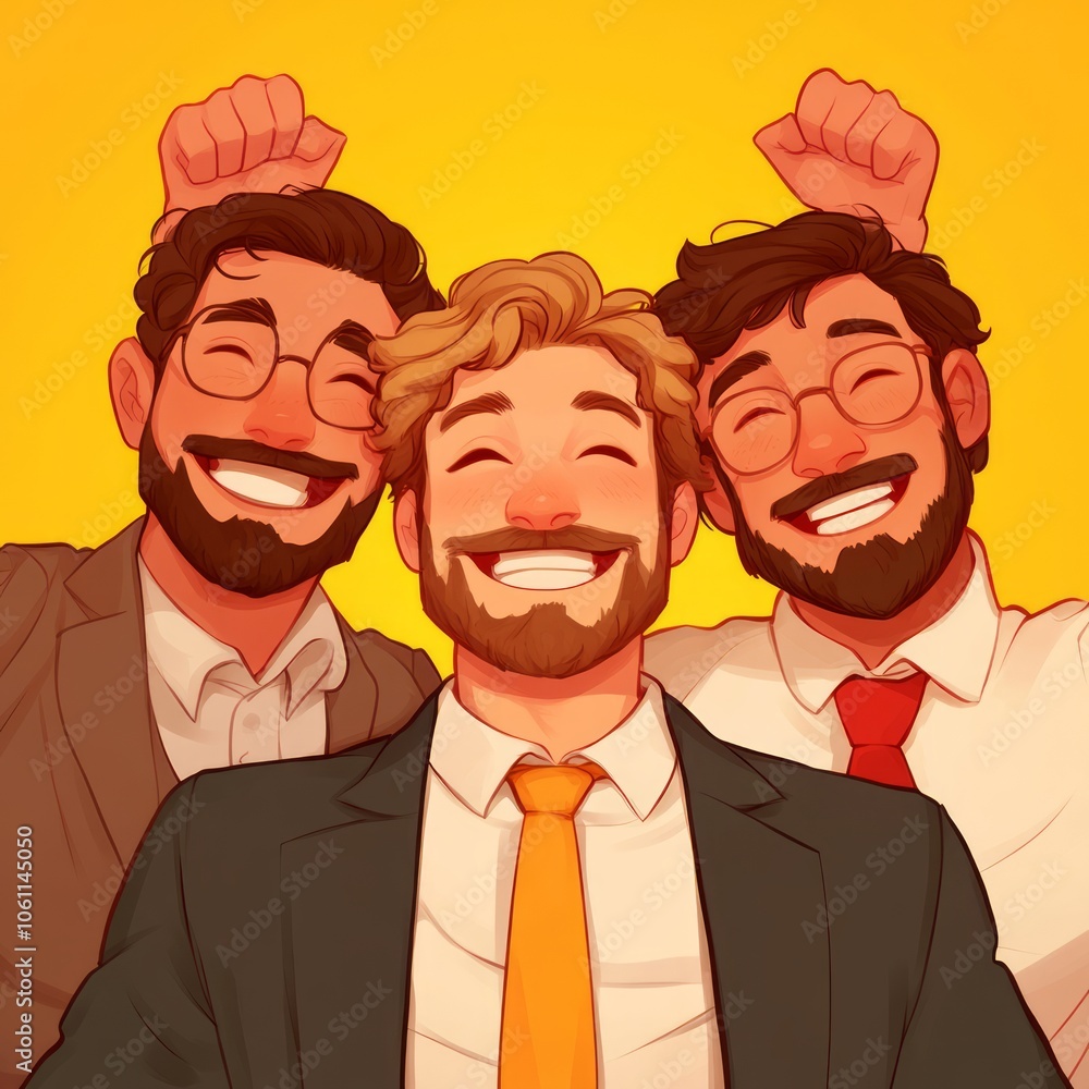 Three smiling men with beards, wearing suits and ties, stand together in a close-up portrait. Three smiling men with beards, wearing suits and ties, stand together in a close-up portrait.