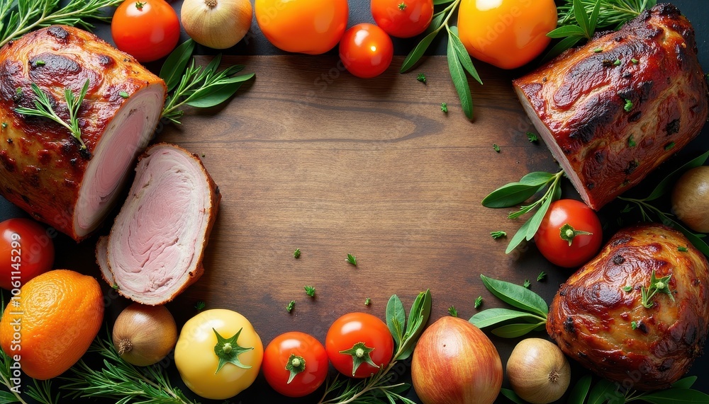 Free copy space in the center, surrounded with roasted meats pork loin, turkey breast, and lamb shank