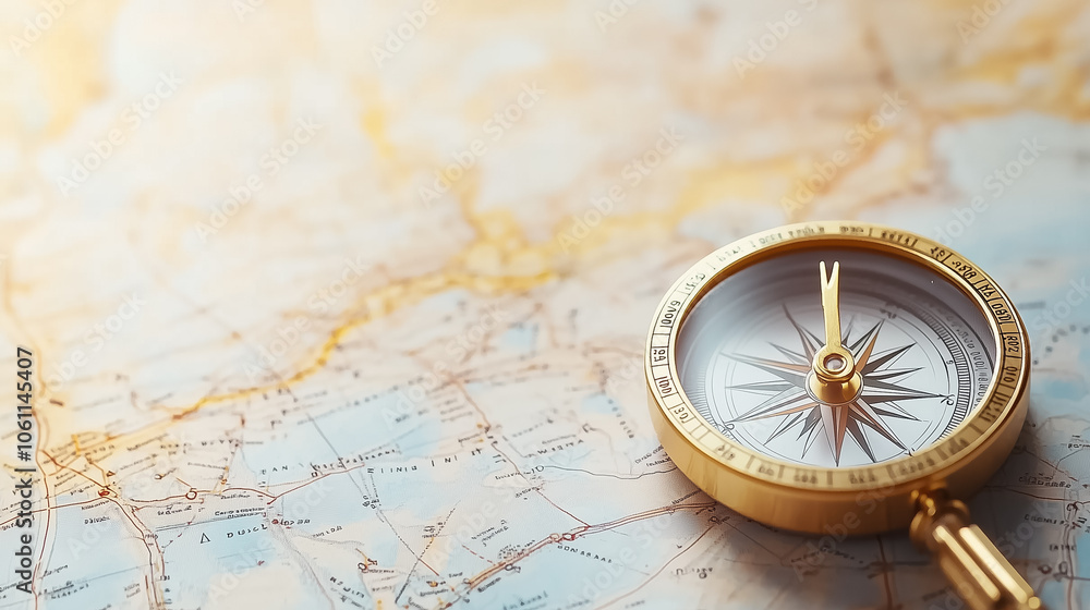 A compass indicates north on a vibrant map, guiding adventurers through uncharted territories and distant horizons A compass indicates north on a vibrant map, guiding adventurers through uncharted territories and distant horizons