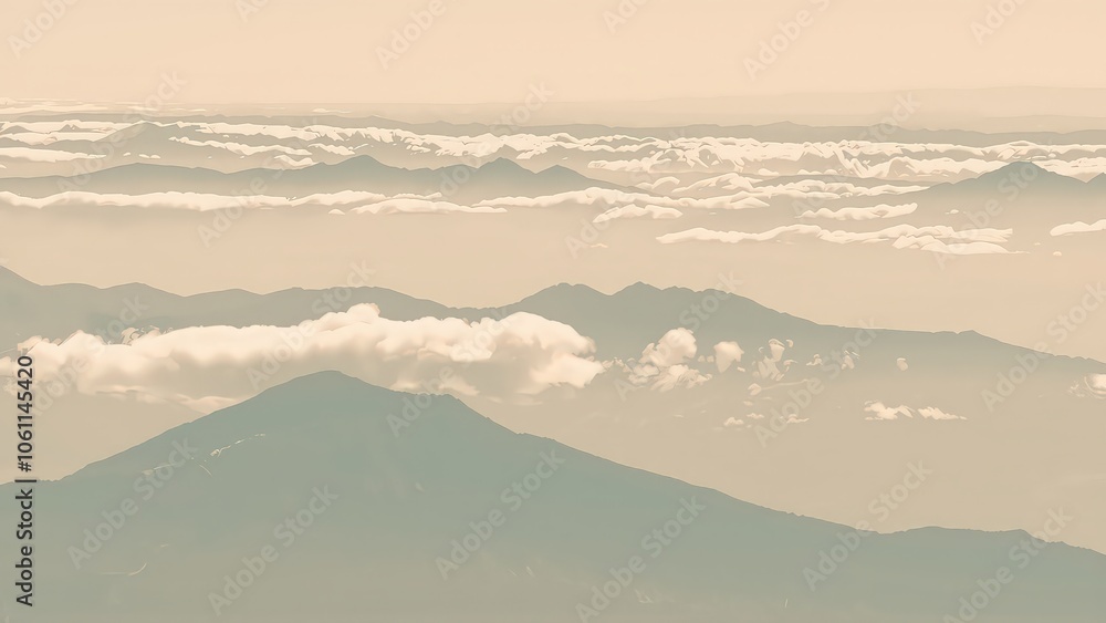 Generative AI, Minimalist Aerial View of Serene Mountain Ranges with Soft Cloud Layers