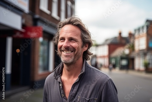 Portrait of a handsome middle-aged man smiling in the city