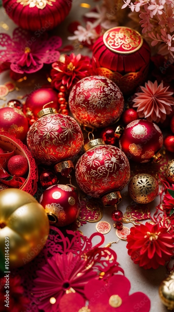 Vibrant collection of ornate red and gold Christmas ornaments and decorations Vibrant collection of ornate red and gold Christmas ornaments and decorations