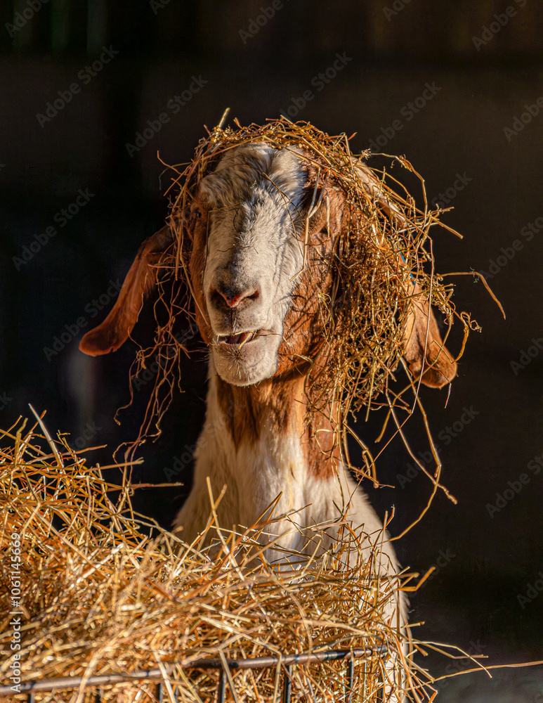 Obraz premium portrait of a female Boer goat at the straw feeder