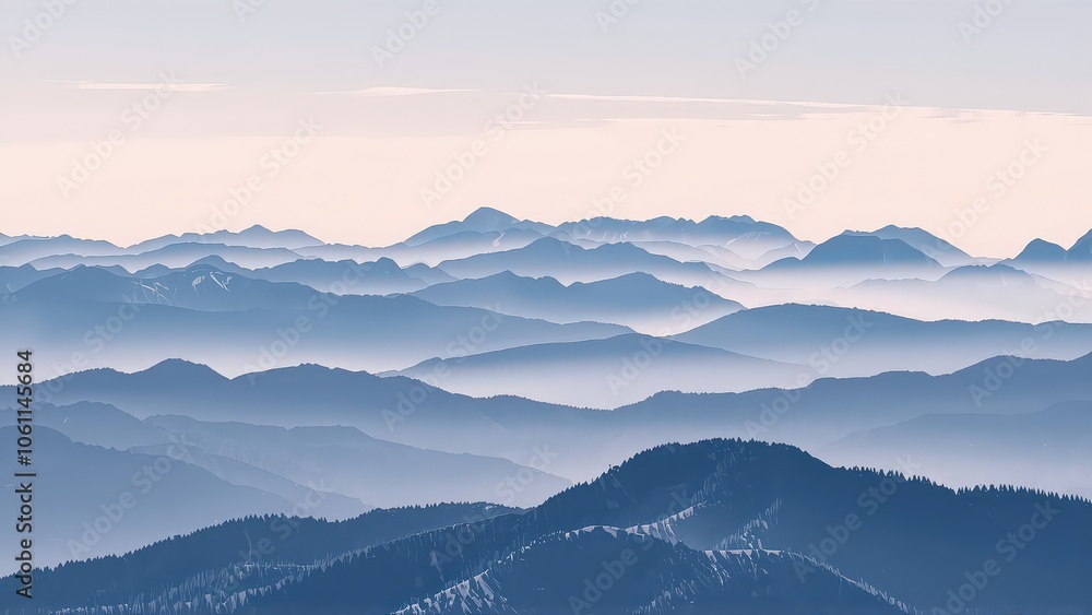 Generative AI, Minimalist Aerial View of Serene Mountain Ranges with Soft Cloud Layers Generative AI, Minimalist Aerial View of Serene Mountain Ranges with Soft Cloud Layers