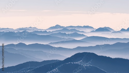 Generative AI, Minimalist Aerial View of Serene Mountain Ranges with Soft Cloud Layers