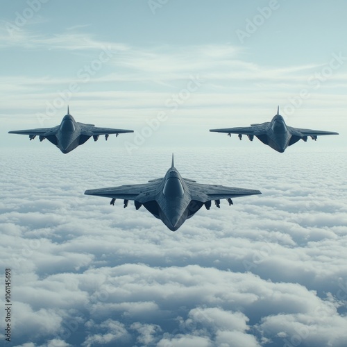 Three stealth fighter jets flying in formation above the clouds. photo