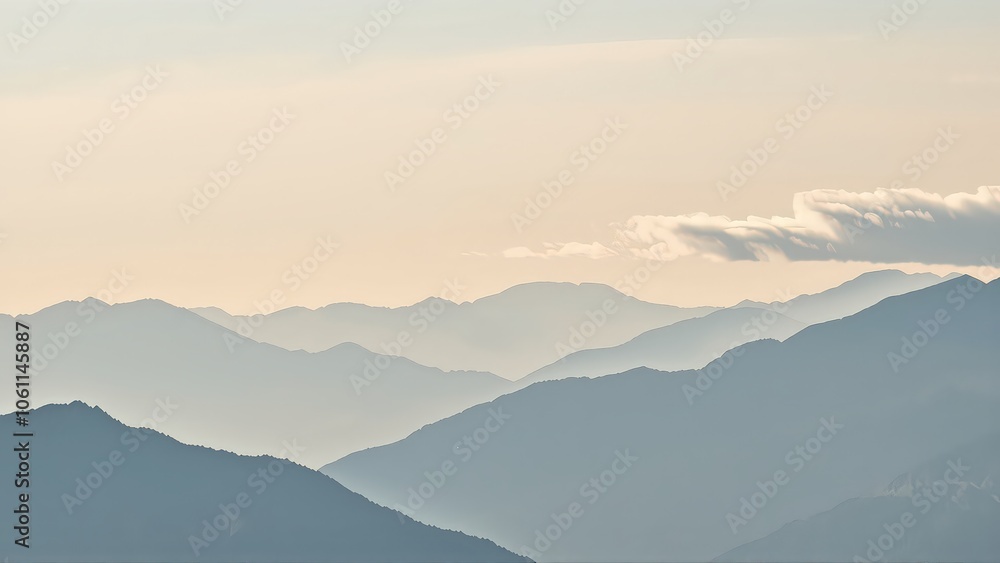 Obraz premium Generative AI, Minimalist Aerial View of Serene Mountain Ranges with Soft Cloud Layers