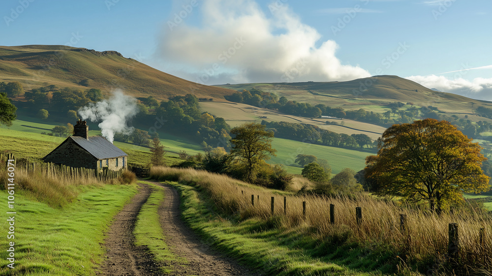 Obraz premium A small cottage sits on a hillside overlooking a valley, with smoke rising from its chimney