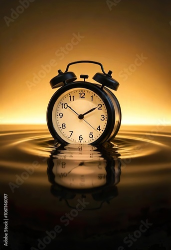 A modern white alarm clock partially submerged in water , reflecting the time on a warm, golden background