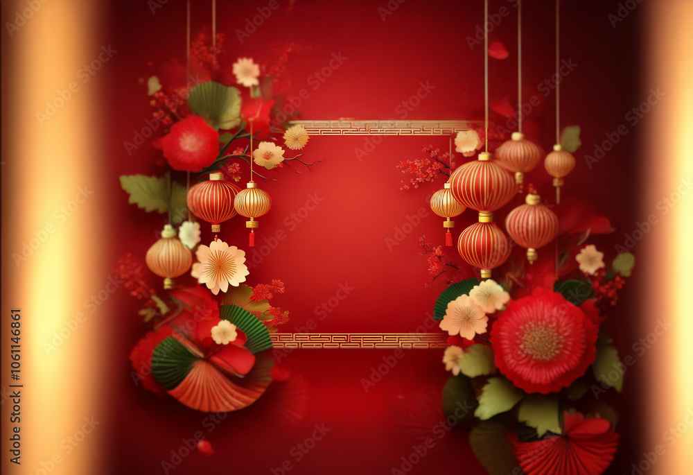 Red background with gold accents. Lanterns, flowers, and leaves hang from the top of the image. A gold frame is in the center with blank space for text. Red background with gold accents. Lanterns, flowers, and leaves hang from the top of the image. A gold frame is in the center with blank space for text.