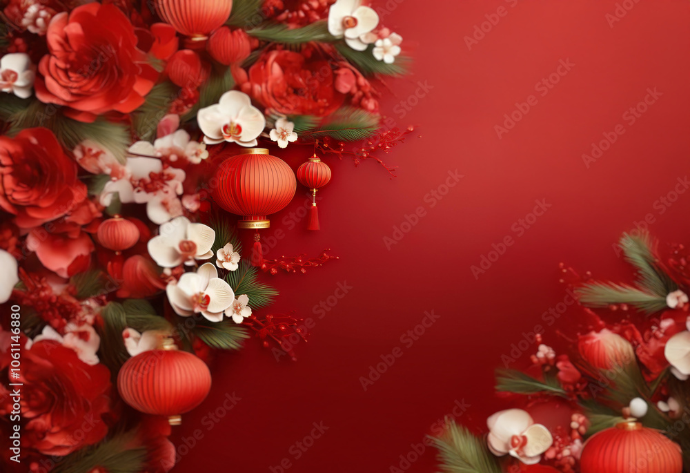 Red background with red roses and white orchids, red lanterns, and green foliage, creating a festive Chinese New Year design. Red background with red roses and white orchids, red lanterns, and green foliage, creating a festive Chinese New Year design.
