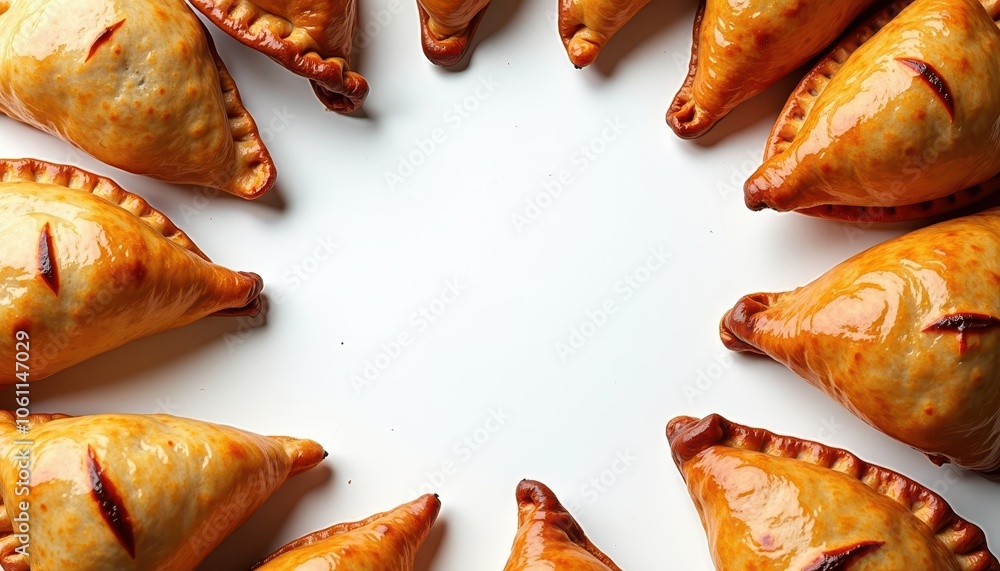 Circular copy space in the middle, surrounded with hand pies empanadas, samosas, and Cornish pasties Circular copy space in the middle, surrounded with hand pies empanadas, samosas, and Cornish pasties