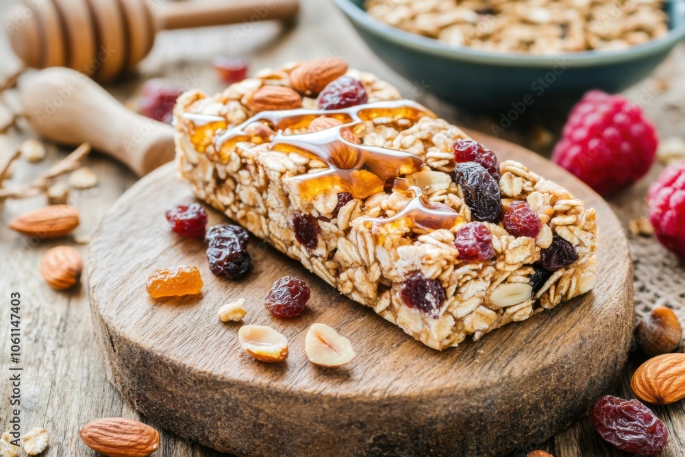 Delicious Granola Bar on Rustic Wood Surface Delicious Granola Bar on Rustic Wood Surface