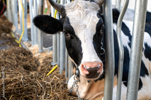 Close-Up of Holstein Cow in Barn Stall on Farm photo