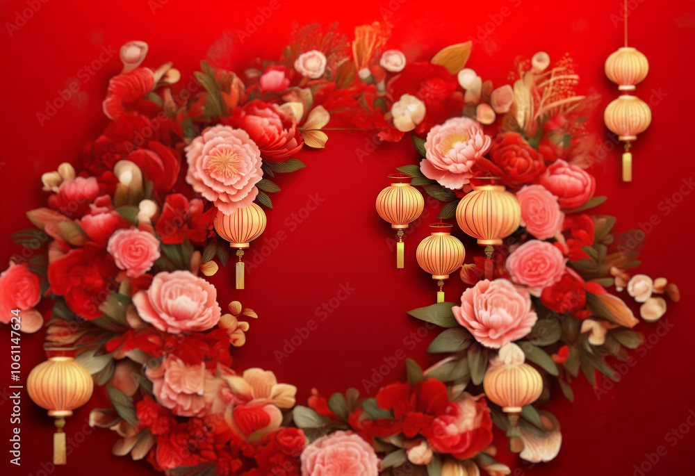 A red background with a wreath of pink flowers and gold lanterns. A red background with a wreath of pink flowers and gold lanterns.