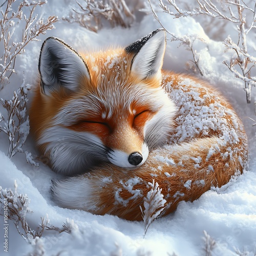 Fox Curled Up in Snowy Winter Scene photo