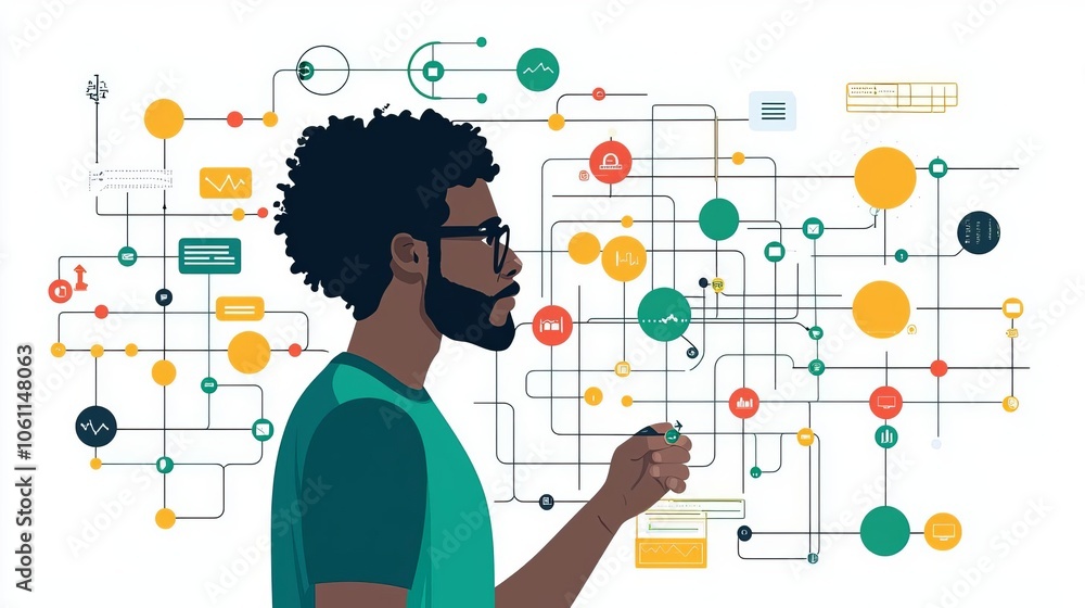 Data Engineer Data pipeline visualization with data engineer adjusting, no face, flat design illustration Data Engineer Data pipeline visualization with data engineer adjusting, no face, flat design illustration