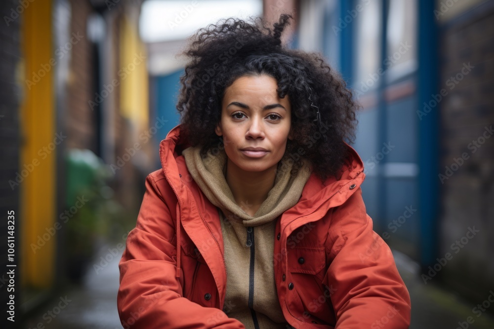Portrait of a beautiful young african american woman with afro hairstyle wearing a red down jacket and looking at the camera. Portrait of a beautiful young african american woman with afro hairstyle wearing a red down jacket and looking at the camera.