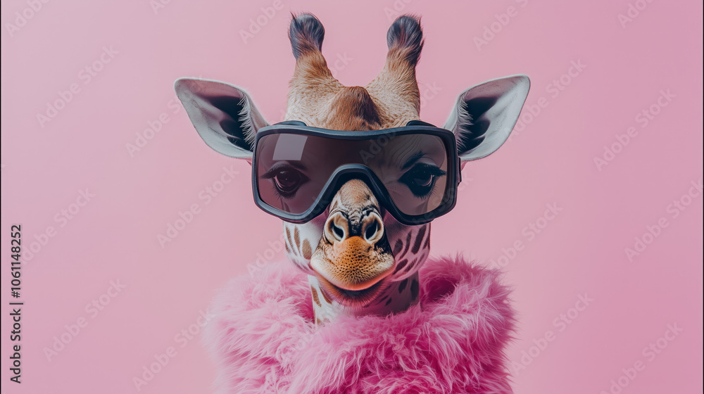 Giraffe in snowboard ski goggles isolated on solid pink pastel background, realistic lifelike , winter sport concept, humanlike outfit. Animal portrait with copy space Giraffe in snowboard ski goggles isolated on solid pink pastel background, realistic lifelike , winter sport concept, humanlike outfit. Animal portrait with copy space
