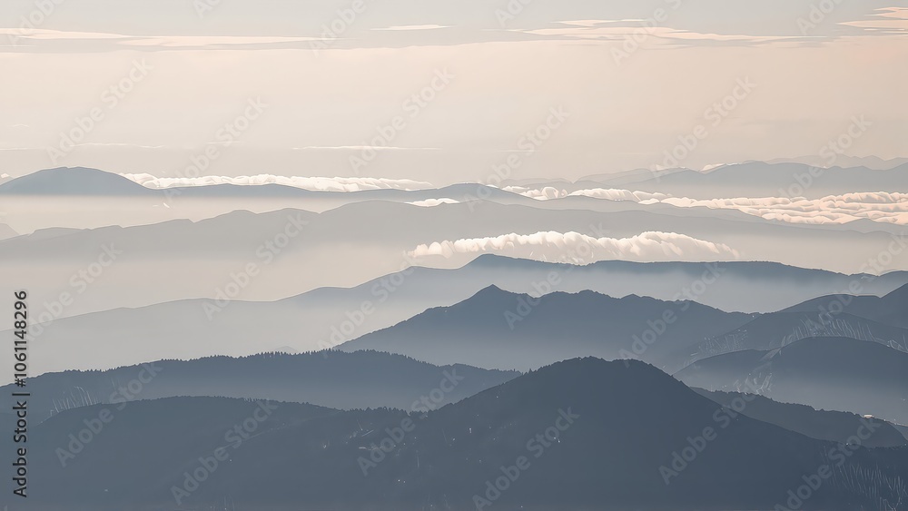 Fototapeta premium Generative AI, Minimalist Aerial View of Serene Mountain Ranges with Soft Cloud Layers
