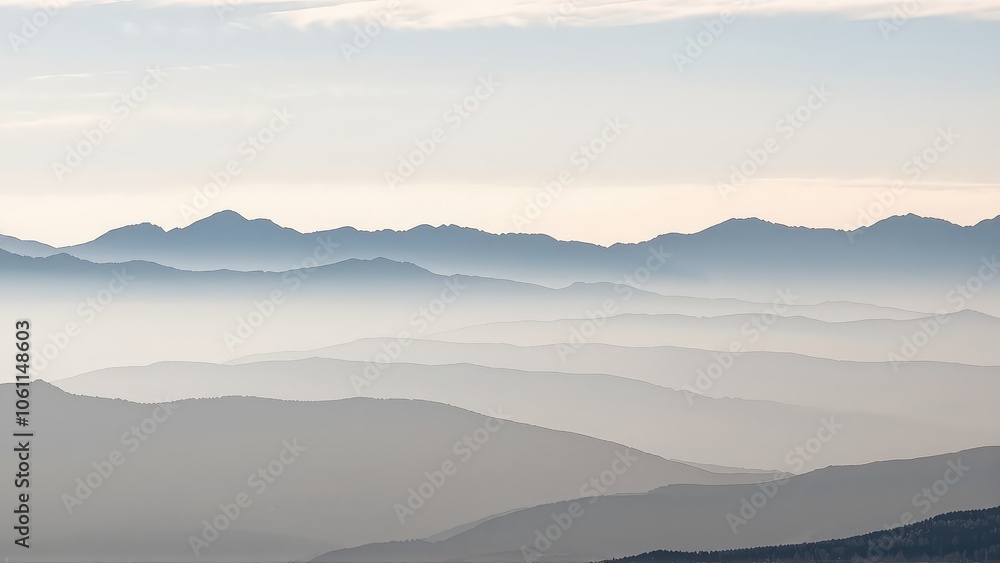 Generative AI, Minimalist Aerial View of Serene Mountain Ranges with Soft Cloud Layers Generative AI, Minimalist Aerial View of Serene Mountain Ranges with Soft Cloud Layers