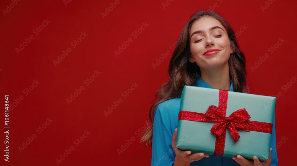 Happy female with gift box in holiday season. Happy female with gift box in holiday season.
