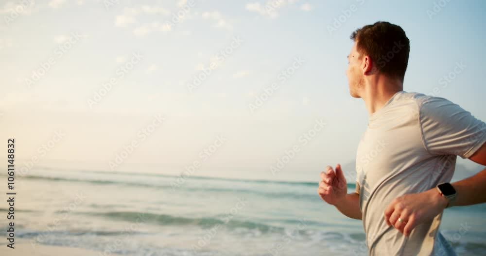 Running, health and sunset with man and beach for start of training, fitness and freedom. Race, exercise and marathon cardio with male runner in nature for workout, energy and sports performance Running, health and sunset with man and beach for start of training, fitness and freedom. Race, exercise and marathon cardio with male runner in nature for workout, energy and sports performance