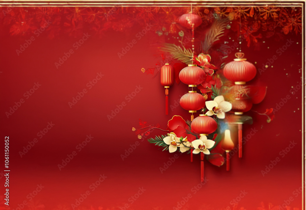 A red background with golden accents features red lanterns and white orchids. A red background with golden accents features red lanterns and white orchids.