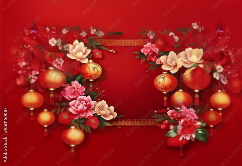 A red background with a golden frame surrounded by red lanterns, pink flowers, and gold tassels. A red background with a golden frame surrounded by red lanterns, pink flowers, and gold tassels.