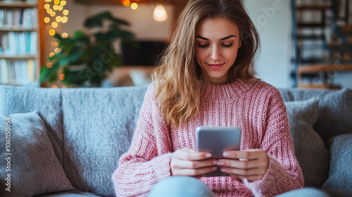 A young woman relaxes on a plush couch while using her smartphone, surrounded by warm lighting and a cozy interior atmosphere