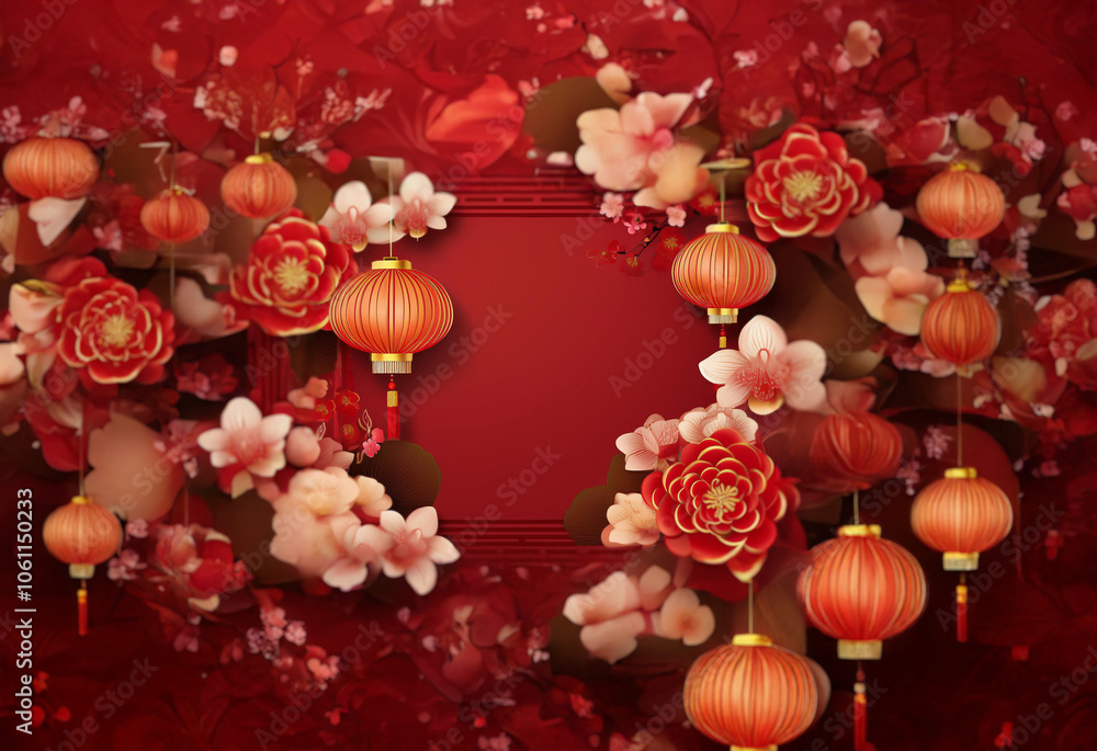 Red lanterns, white flowers, and red paper background with a blank space in the middle. Red lanterns, white flowers, and red paper background with a blank space in the middle.