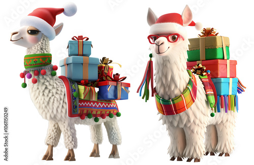 Christmas Llamas Delivering Gifts Festive Cheer. Isolated on Transparent Background