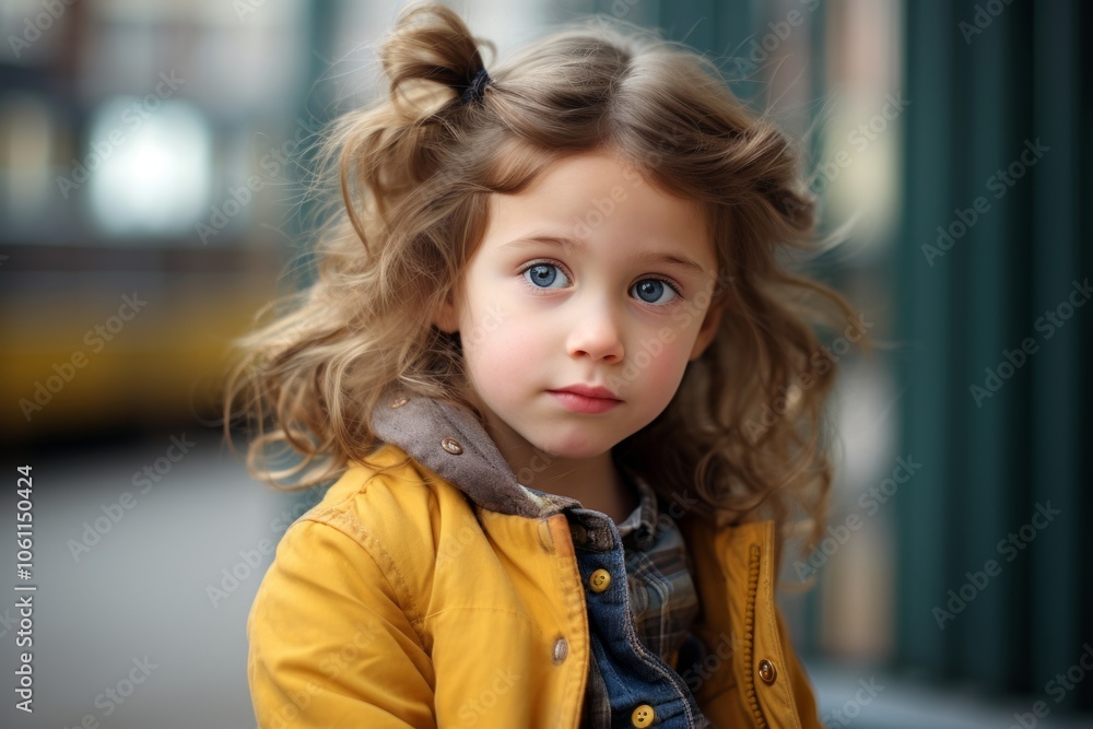 Portrait of a cute little girl in a yellow jacket and blue eyes Portrait of a cute little girl in a yellow jacket and blue eyes