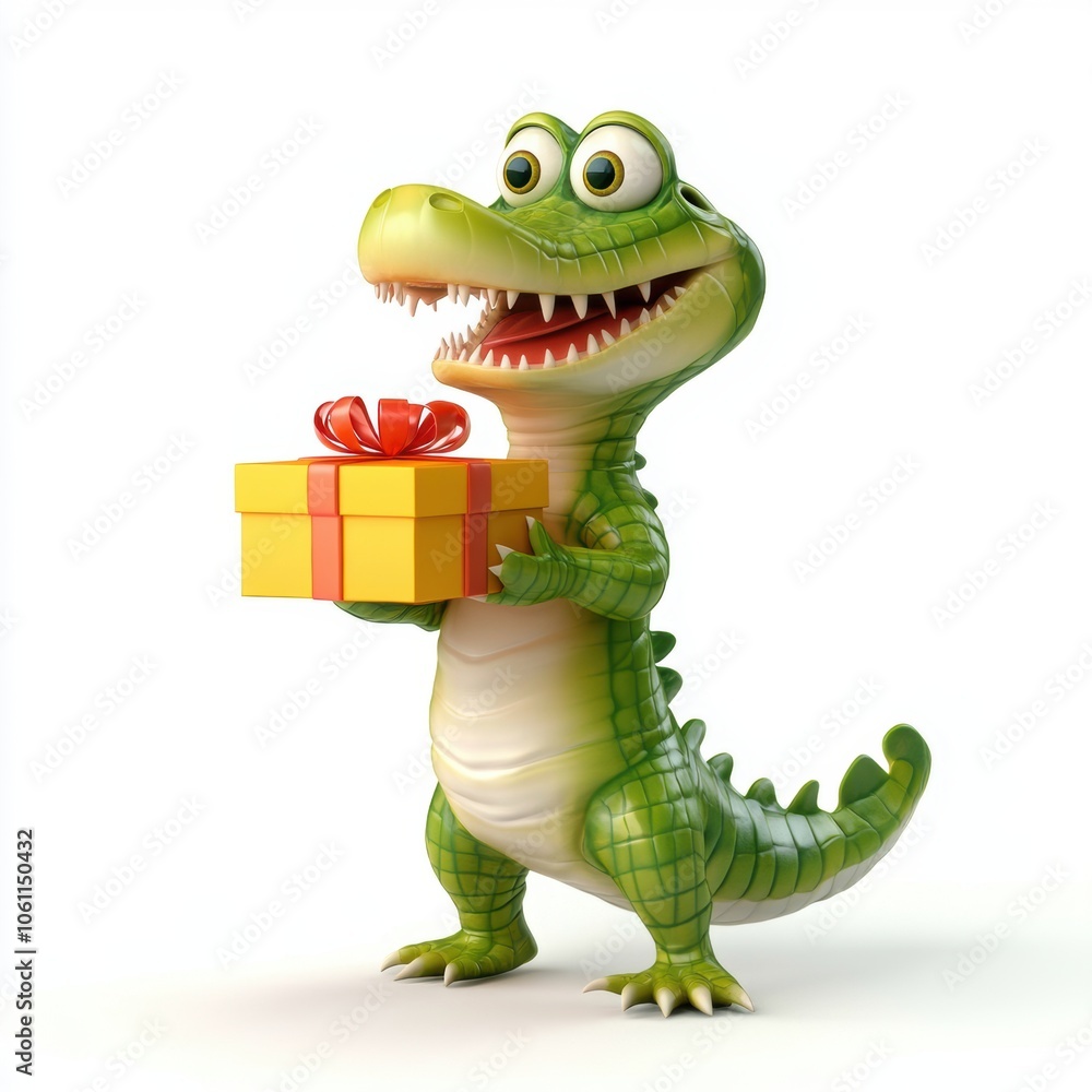 Naklejka premium 3D rendering cute alligator holding a gift box isolated over white background.