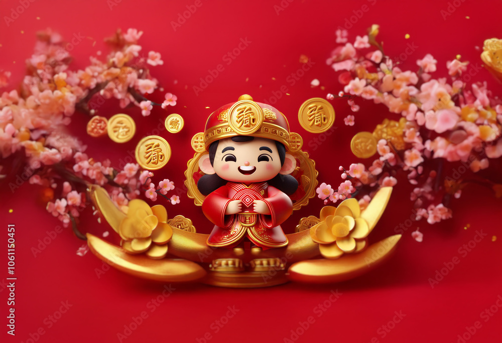 A cheerful cartoon figure with a crown and traditional Chinese clothing stands on a golden pedestal surrounded by blooming flowers and coins on a red background. A cheerful cartoon figure with a crown and traditional Chinese clothing stands on a golden pedestal surrounded by blooming flowers and coins on a red background.