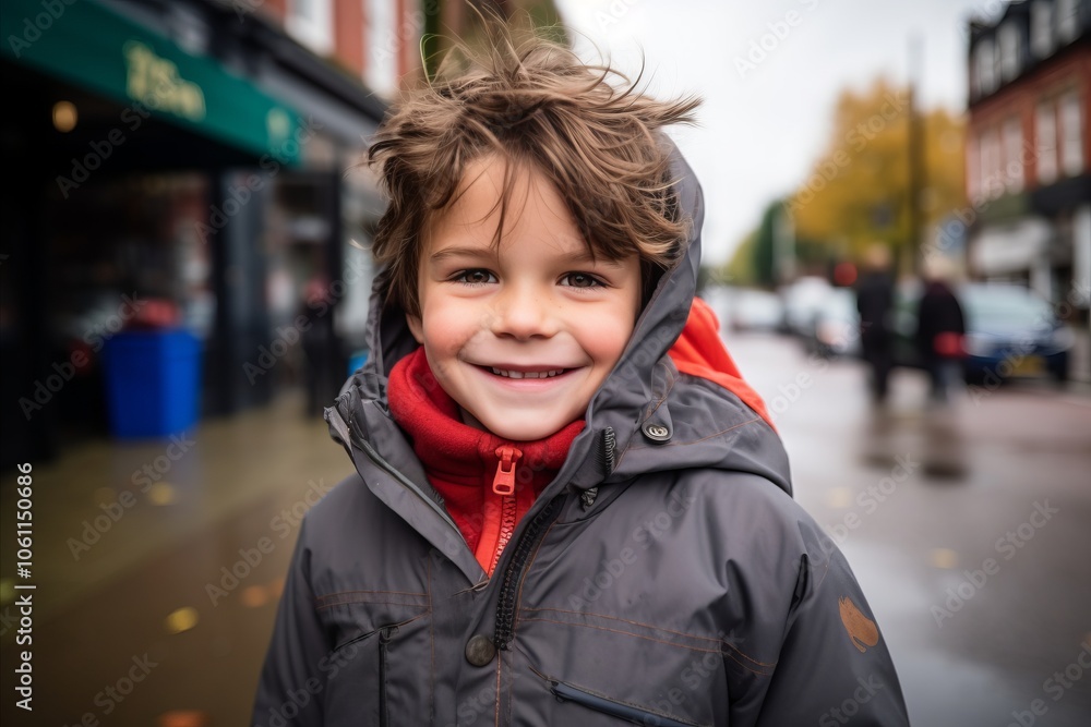 Portrait of a smiling little boy in a jacket on the street. Portrait of a smiling little boy in a jacket on the street.