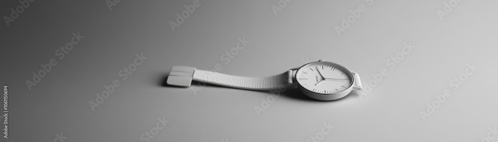 White Analog Wristwatch with Leather Band on Grey Background White Analog Wristwatch with Leather Band on Grey Background