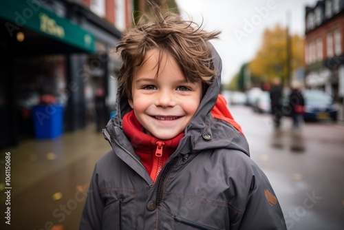 Portrait of a smiling little boy in a jacket on the street.