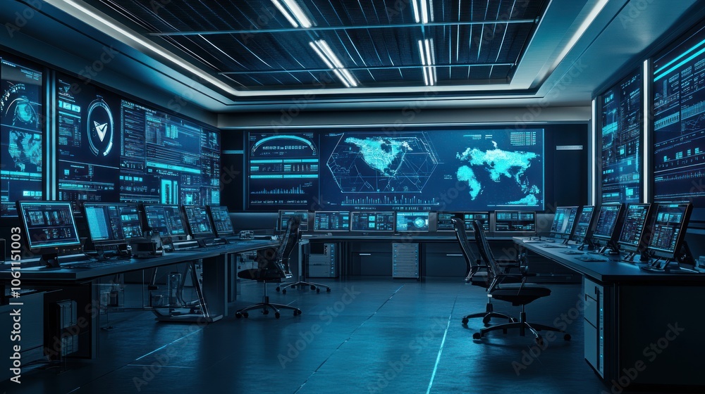 Futuristic Control Room Interior with Monitors Futuristic Control Room Interior with Monitors