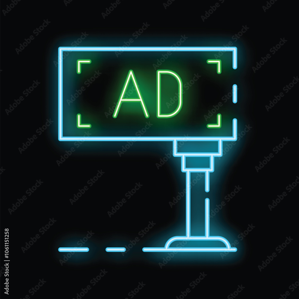 Neon sign showing an advertisement with a green word ad on a black background Neon sign showing an advertisement with a green word ad on a black background