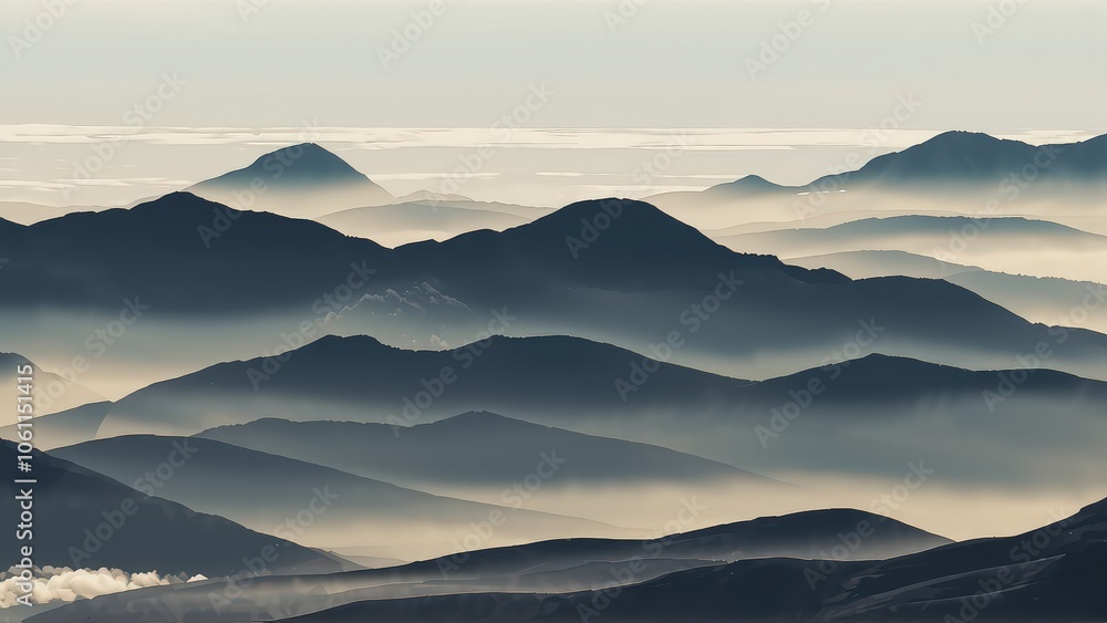 Generative AI, Minimalist Aerial View of Serene Mountain Ranges with Soft Cloud Layers