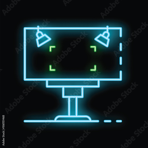 Neon icon of a green screen with lights and crop marks, perfect for representing video editing, filmmaking, and visual effects