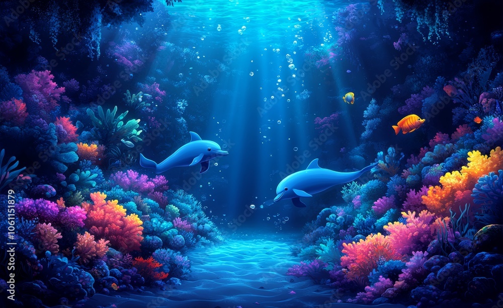 Naklejka premium Aquatic life is vibrant under the sea, with colourful fish and dolphins swimming around coral reefs