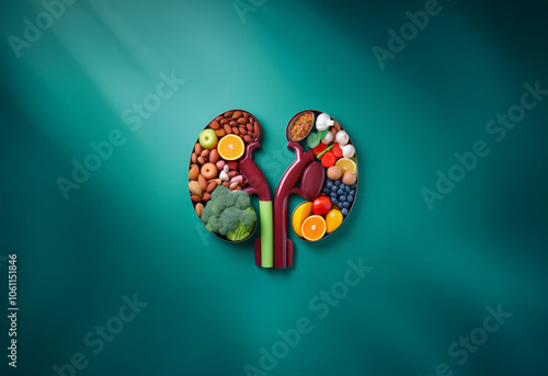 A kidney shaped arrangement of fruits, vegetables, and other healthy foods. photo