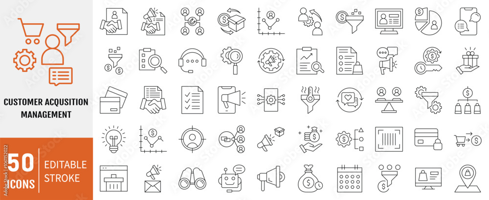 Customer acquisition management icon collection. Containing conversion, pipeline, lead generation, retention, sales funnel icon. Simple line vector. Customer acquisition management icon collection. Containing conversion, pipeline, lead generation, retention, sales funnel icon. Simple line vector.