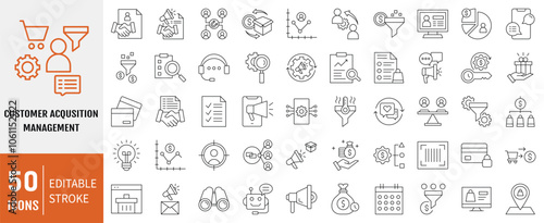 Customer acquisition management icon collection. Containing conversion, pipeline, lead generation, retention, sales funnel icon. Simple line vector.
