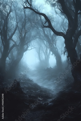 Fototapeta Naklejka Na Ścianę i Meble -  Dark forest with fog. Halloween theme background.