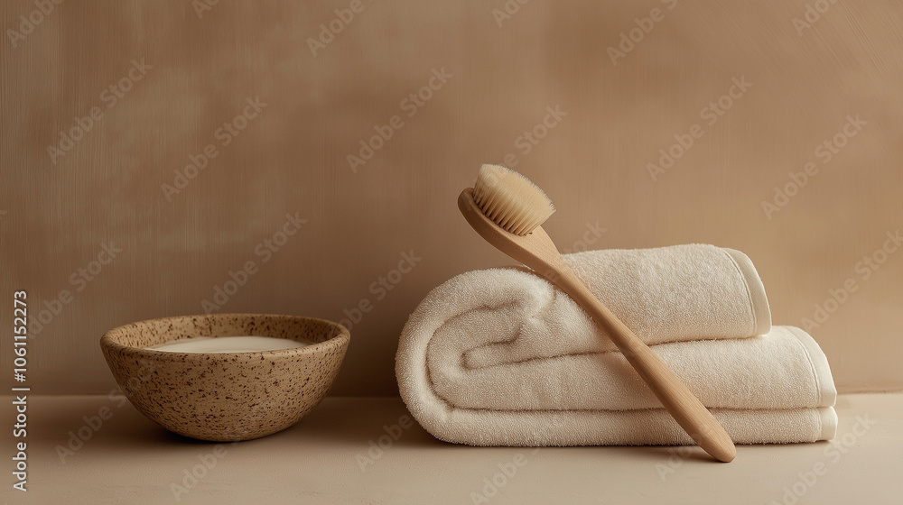 Rolled-up towel and body brush beside a small ceramic bowl for exfoliating treatments Rolled-up towel and body brush beside a small ceramic bowl for exfoliating treatments