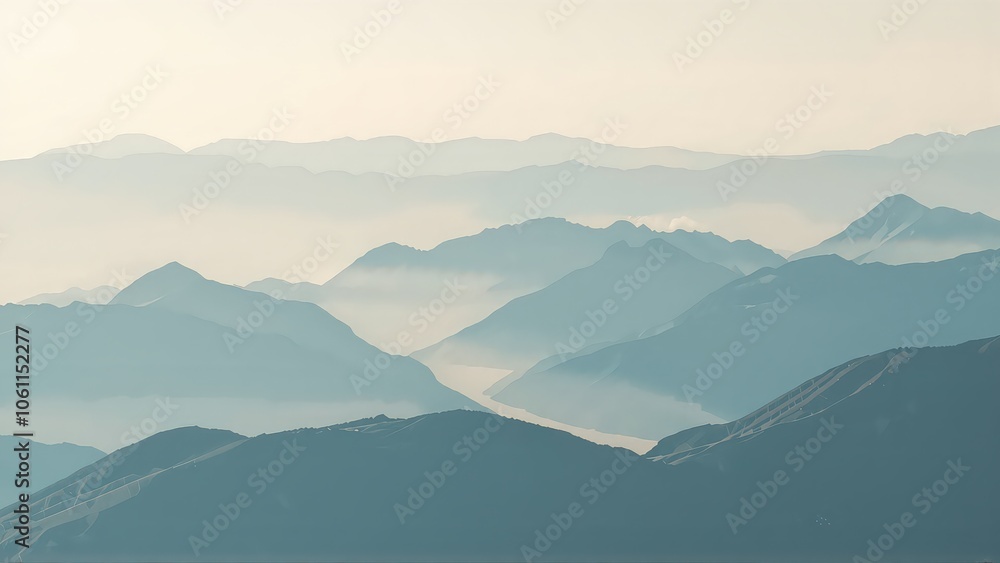 Fototapeta premium Generative AI, Minimalist Aerial View of Serene Mountain Ranges with Soft Cloud Layers